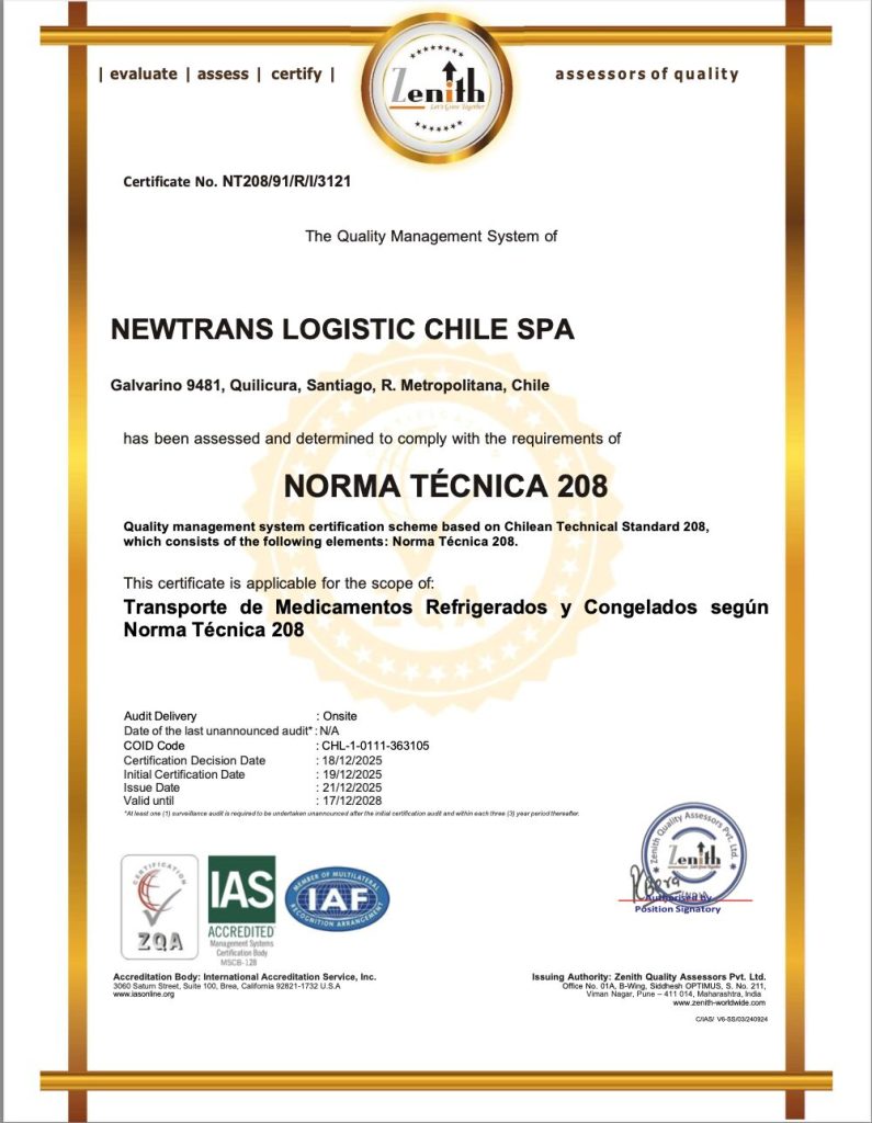 C𝗲𝗿𝘁𝗶𝗳𝗶𝗰𝗮𝗰𝗶𝗼́𝗻 𝘃𝗶𝗴𝗲𝗻𝘁𝗲 𝗲𝗻 𝗹𝗮 𝗡𝗼𝗿𝗺𝗮 𝗧𝗲́𝗰𝗻𝗶𝗰𝗮 𝗡° 𝟮𝟬𝟴, que regula el transporte de medicamentos refrigerados y congelados, y complementa la Norma Técnica N° 147.